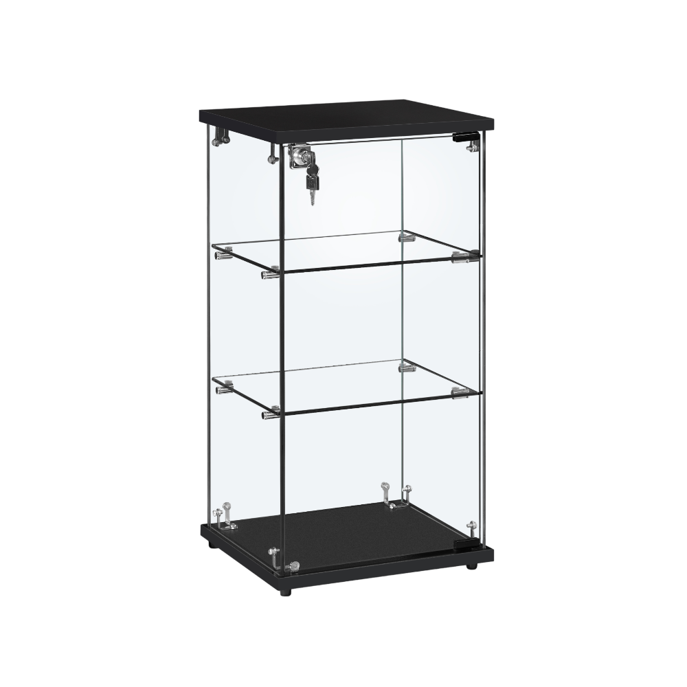 Sleek black wood countertop display cabinet with frameless glass design, lockable doors, and two sturdy shelves.
