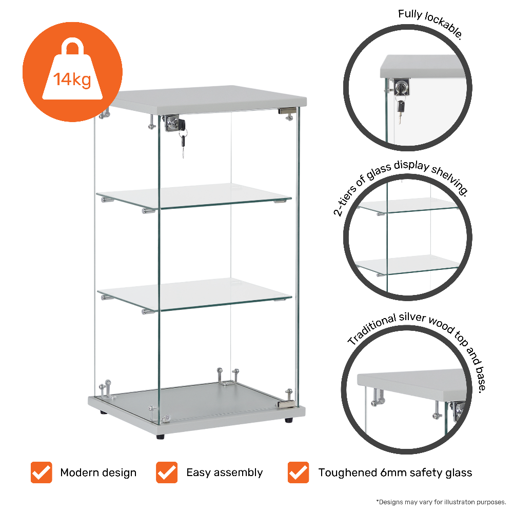 Modern lockable glass display showcase with a frameless silver wood base and two shelves, perfect for secure retail displays.
