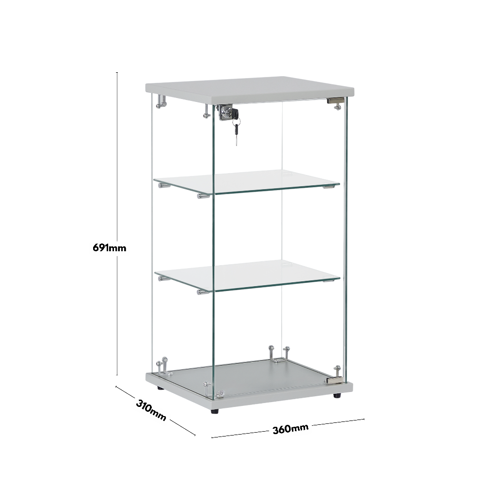 Compact silver wood and glass display cabinet with two shelves, lockable for added security, ideal for countertops.
