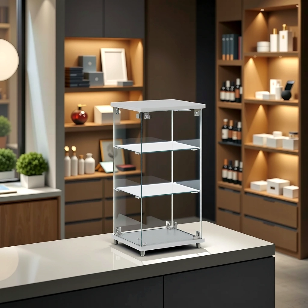 Frameless Silver Wood Lockable Glass Display Cabinet with 2 Shelves – Countertop Showcase