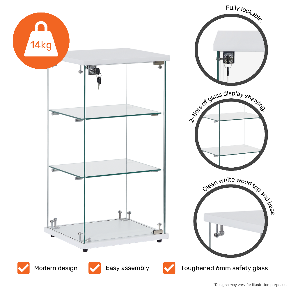 Modern lockable glass display showcase with a frameless white wood base and two shelves, perfect for secure retail displays.
