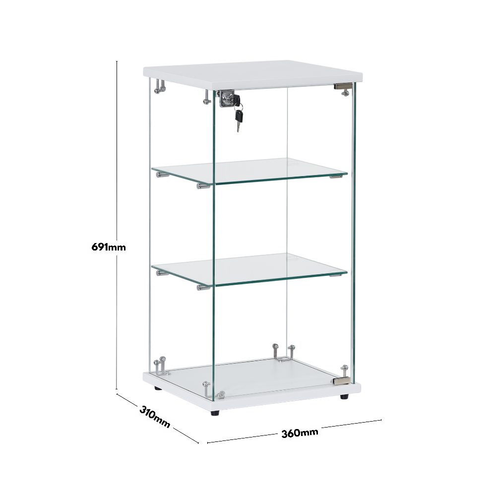 Compact white wood and glass display cabinet with two shelves, lockable for added security, ideal for countertops.
