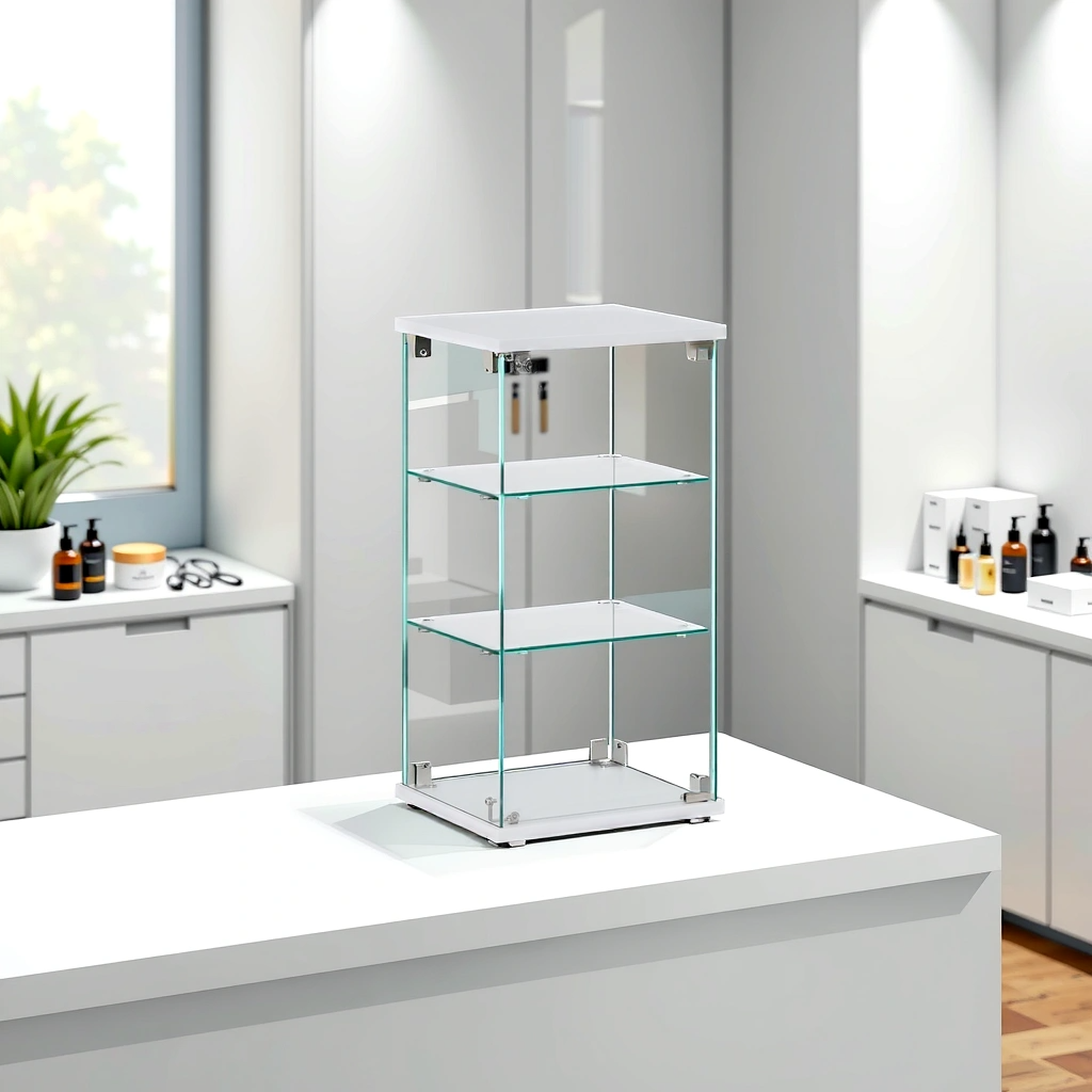 Frameless White Wood Lockable Glass Display Cabinet with 2 Shelves – Countertop Showcase