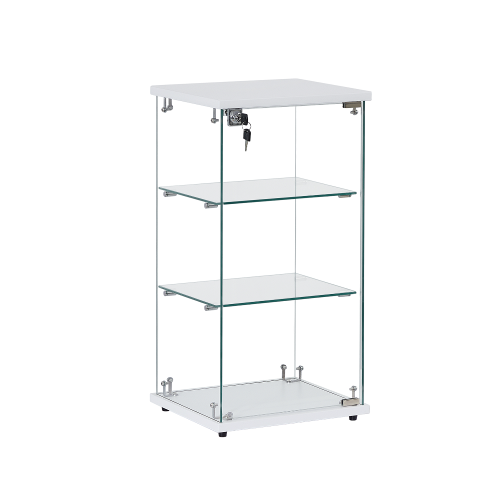 Sleek white wood countertop display cabinet with a frameless glass design, lockable doors, and two sturdy shelves.
