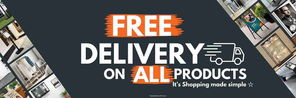 Bold promotional banner with 'FREE DELIVERY ON ALL PRODUCTS' text in white and orange, accompanied by a delivery truck icon. The background features a dark theme with diagonal panels showcasing various retail and display products, including mannequins, sign holders, and shelving. A tagline at the bottom reads 'It's Shopping made simple'.