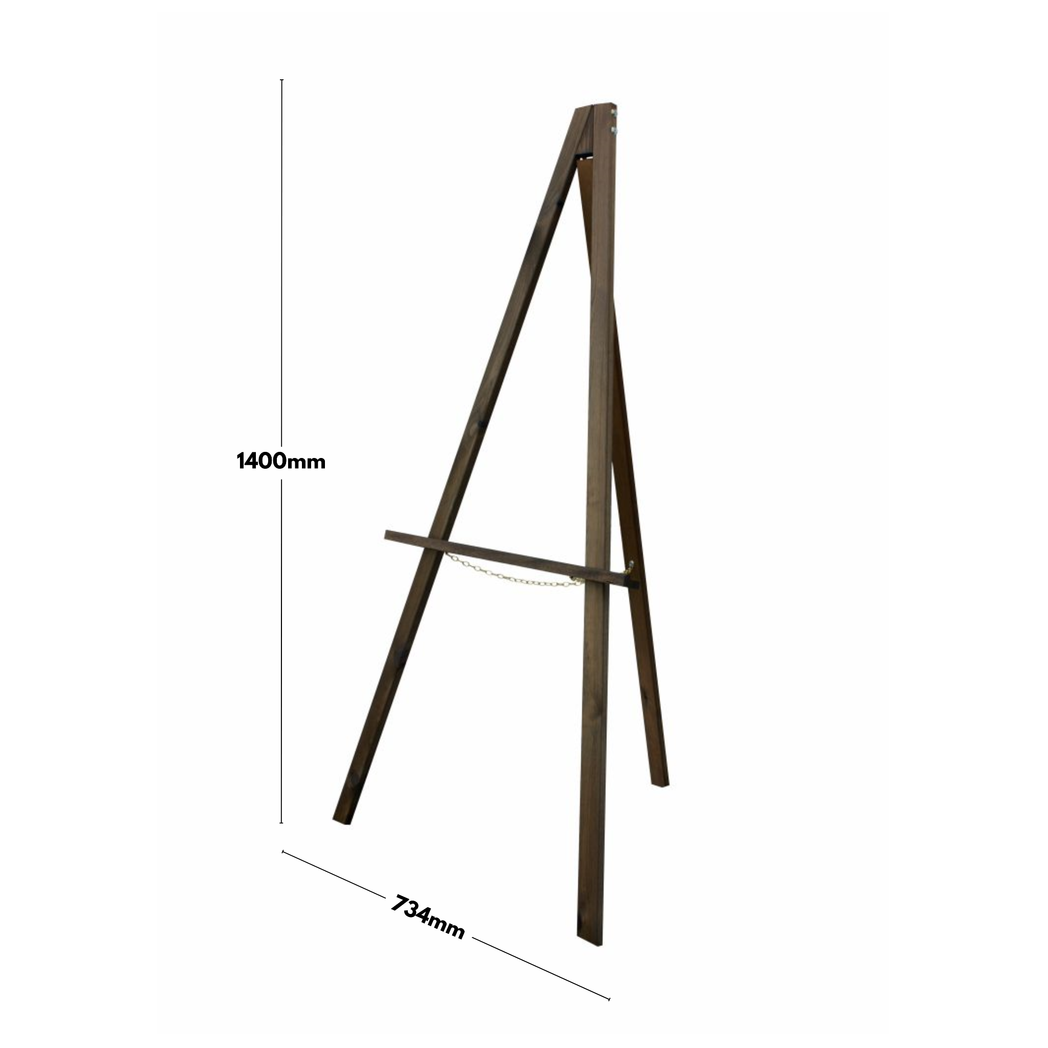 Dark oak finish wooden easel, FSC-approved, designed for chalkboards and snap frames, freestanding and sturdy, 1400mm H x 734mm W.