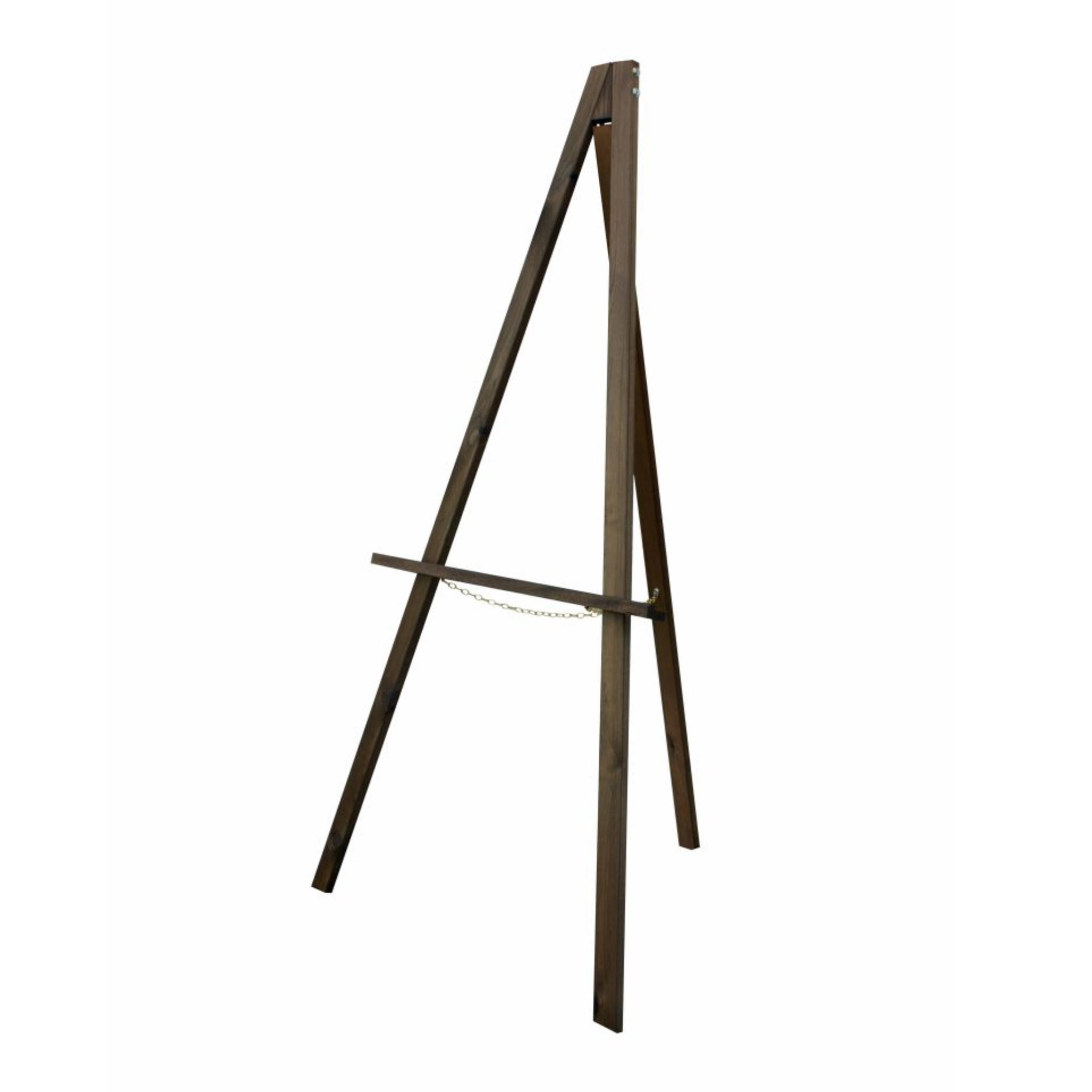 Freestanding wooden easel with a dark oak finish, FSC-approved, suitable for chalkboards and snap frames, measuring 1400mm high by 734mm wide.