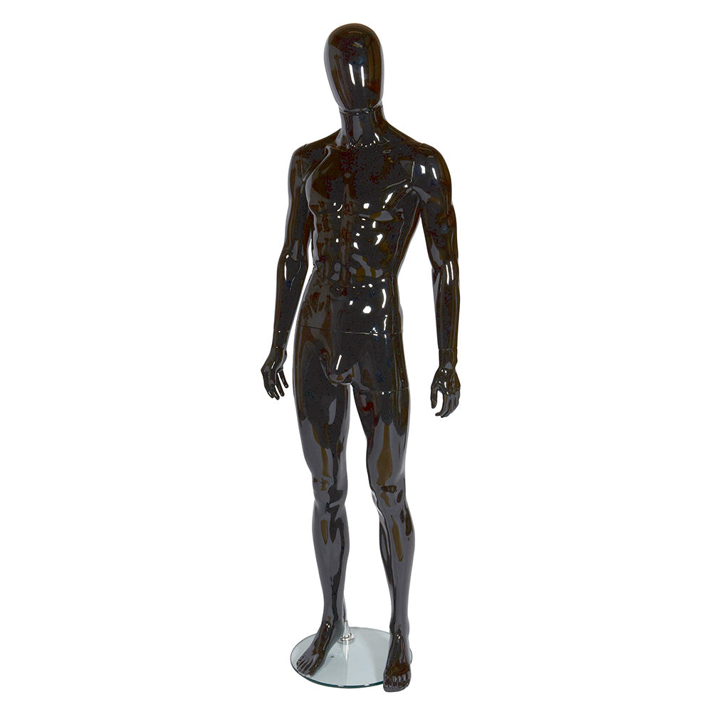 Gloss black faceless male mannequin in an upright pose, perfect for retail displays and fashion showcases.
