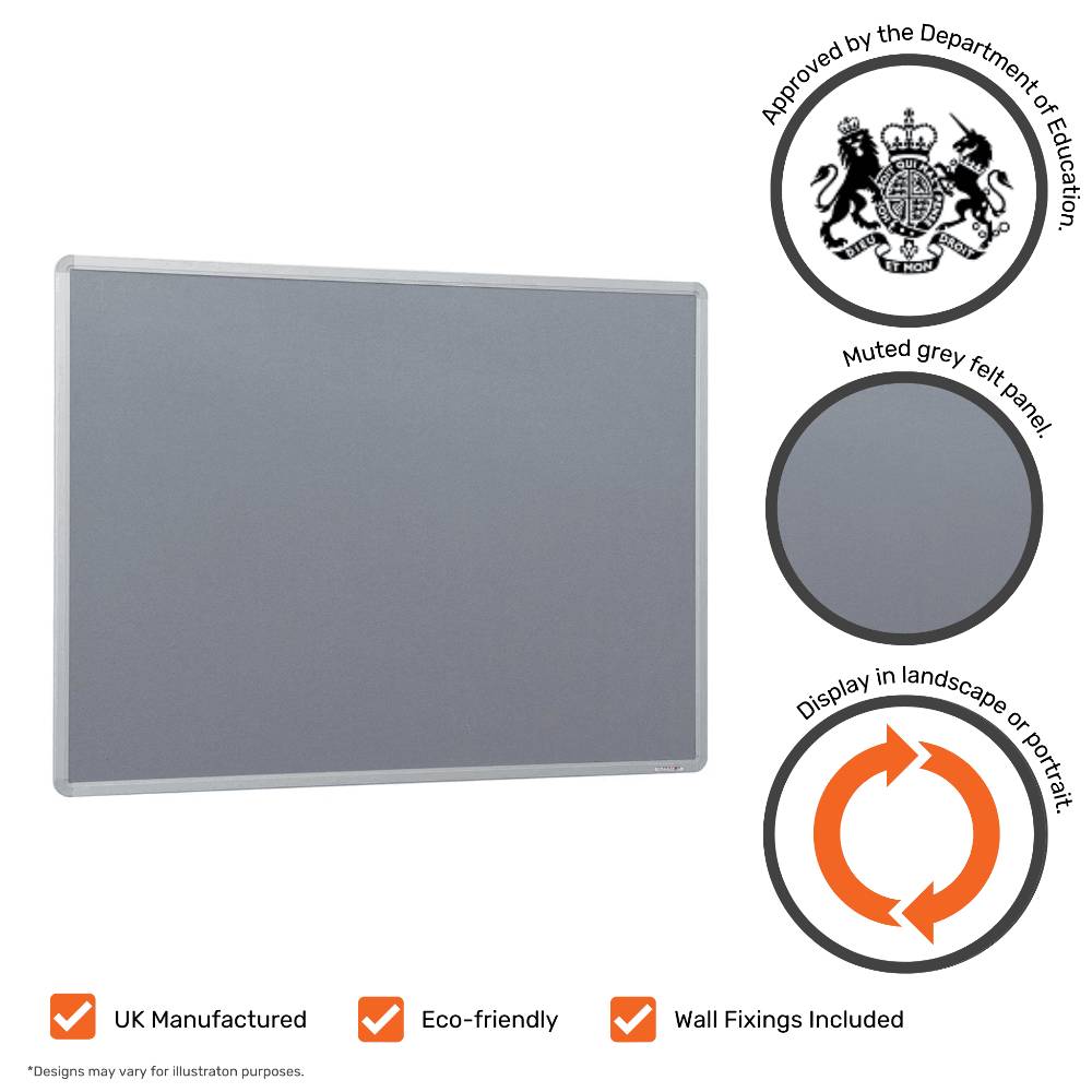 Grey felt noticeboard with a durable aluminium frame, ideal for organising and displaying information in medium-sized spaces.
