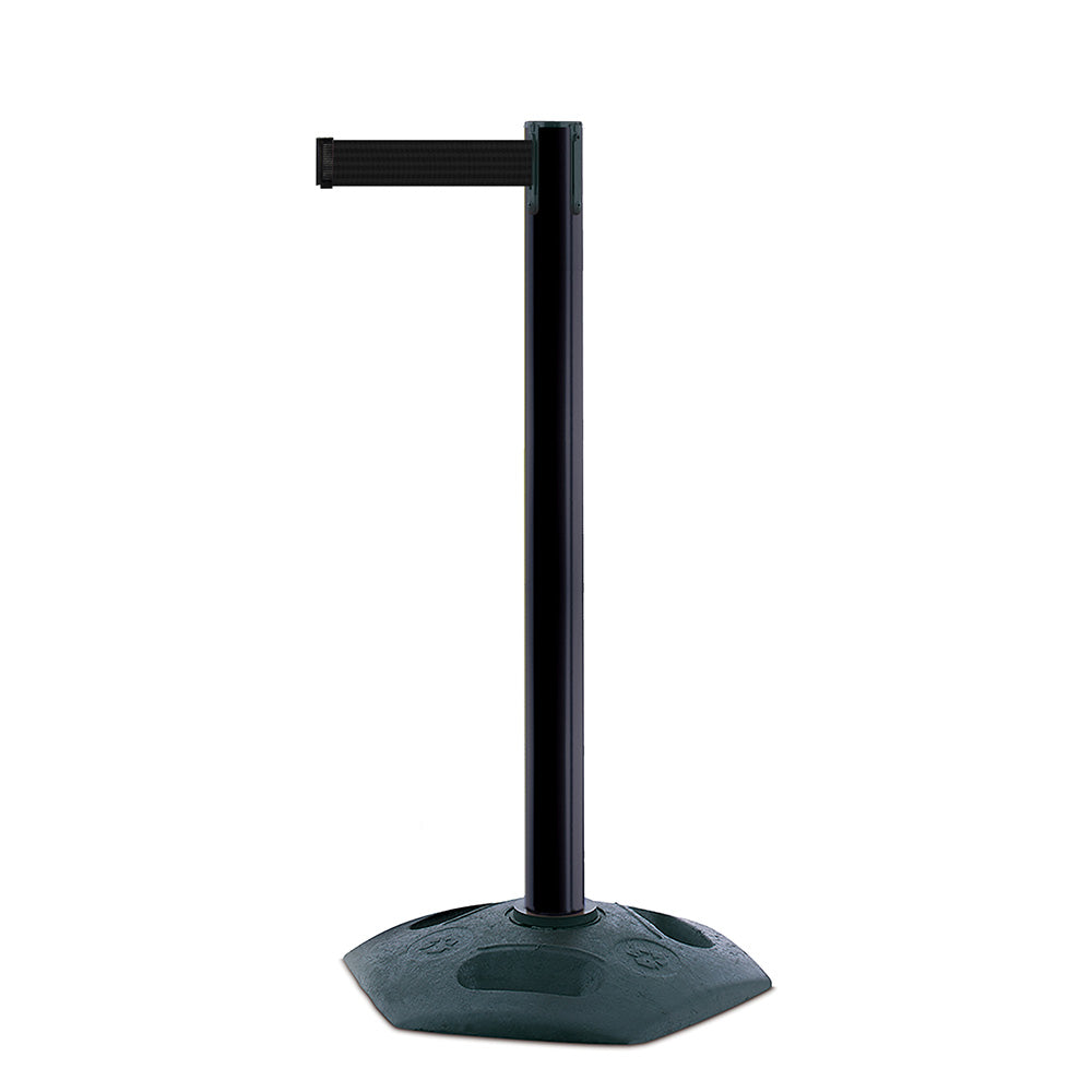 Heavy-duty black plastic post with a 3.65m retractable black belt, ideal for crowd control and queue management.
