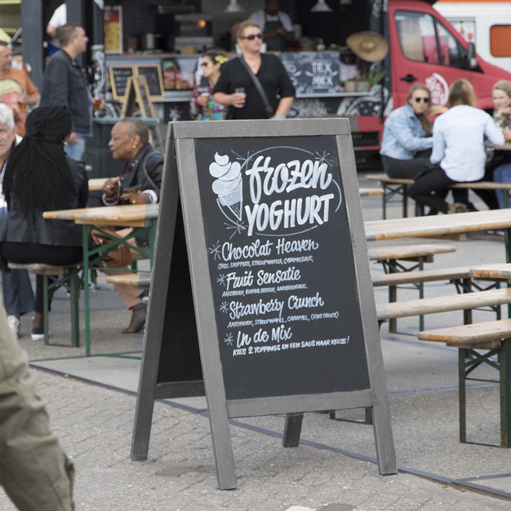 Lacquered grey beechwood chalk A-board, 940mm x 580mm, ideal for menus, promotions, and business signage.
