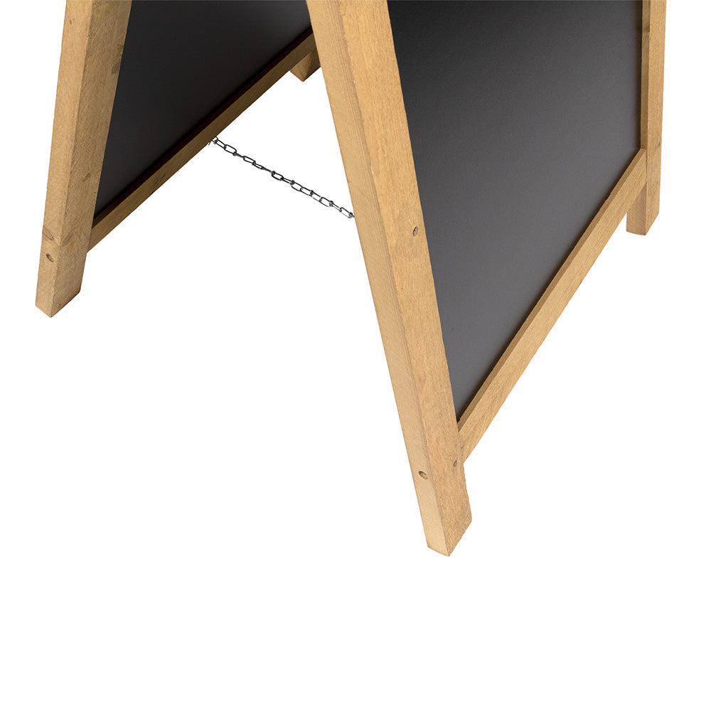 Premium-quality light beechwood chalkboard with a lacquered finish, A-frame design, and 700mm x 420mm dimensions.
