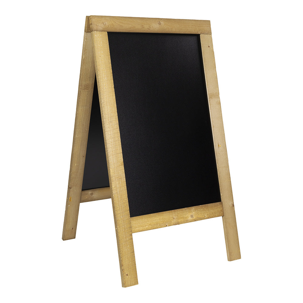 Stylish light beechwood A-frame chalkboard with a lacquered finish, 940mm x 580mm, ideal for cafés, restaurants, and shops.
