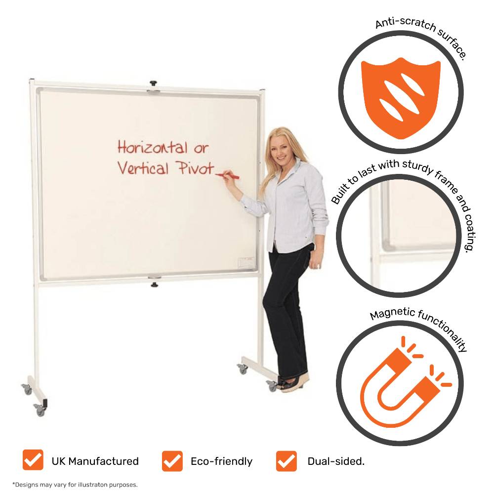 Landscape revolving magnetic whiteboard, perfect for versatile use in meetings or classrooms.
