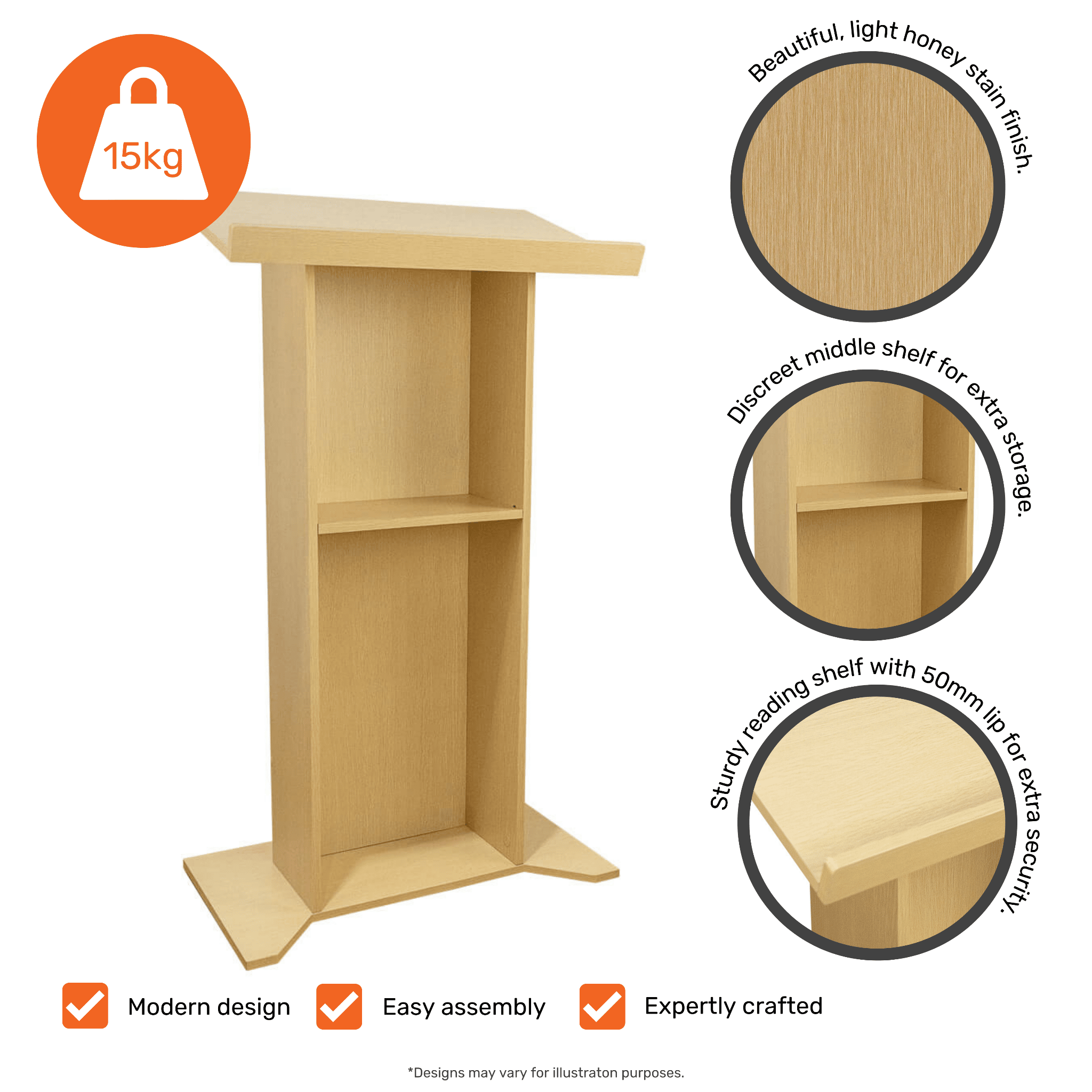 Modern light wood podium lectern with integrated shelf, perfect for conferences, lectures, and events, measuring 685mm wide by 1180mm high.