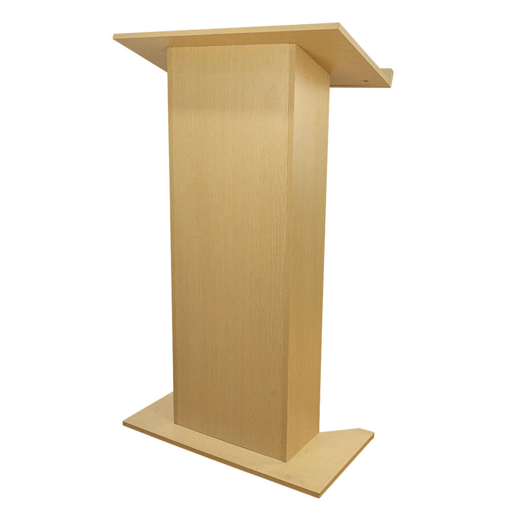 Durable and functional light wood lectern podium with a built-in shelf for storage, standing 1180mm high and 685mm wide.