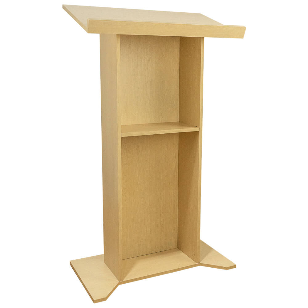 Stylish and practical floor-standing lectern in light wood, featuring a storage shelf and a sturdy design, 685mm wide x 1180mm high.