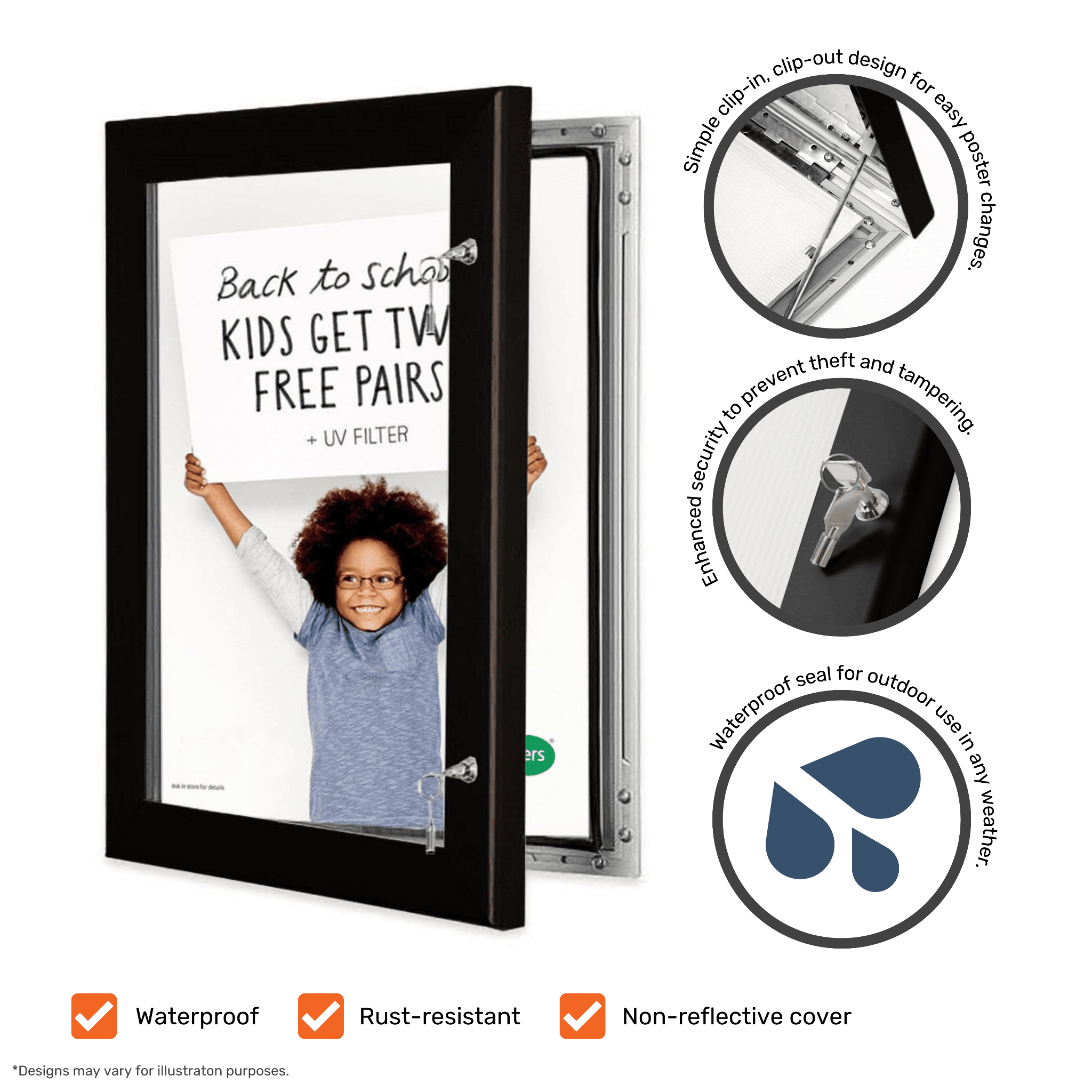 Secure anodised aluminium poster case with a 45mm frame, designed for wall mounting with fixings provided.
