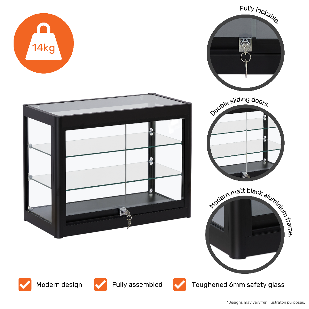 Modern lockable glass countertop showcase with a black aluminium frame, two sturdy shelves, and a secure sliding door.
