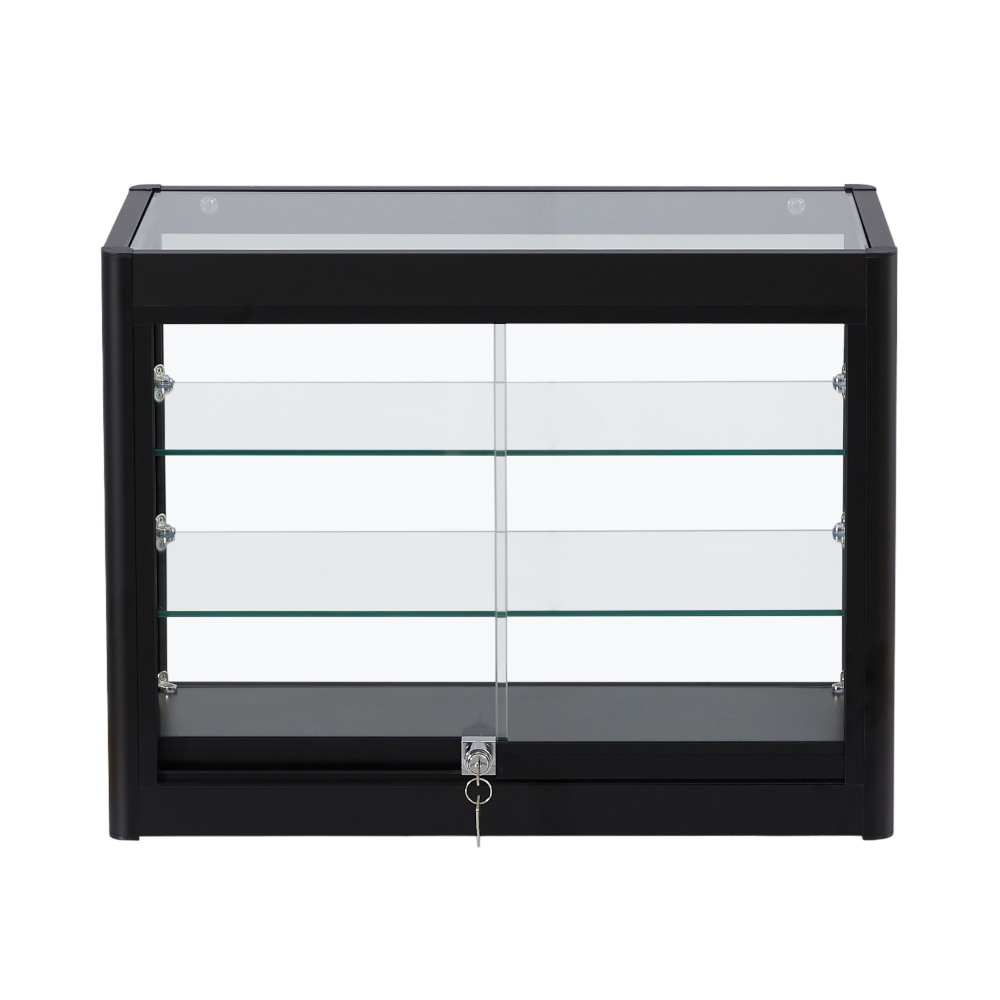 Sleek black aluminium display cabinet with glass panels, two shelves, and a lockable sliding door, ideal for retail countertops.
