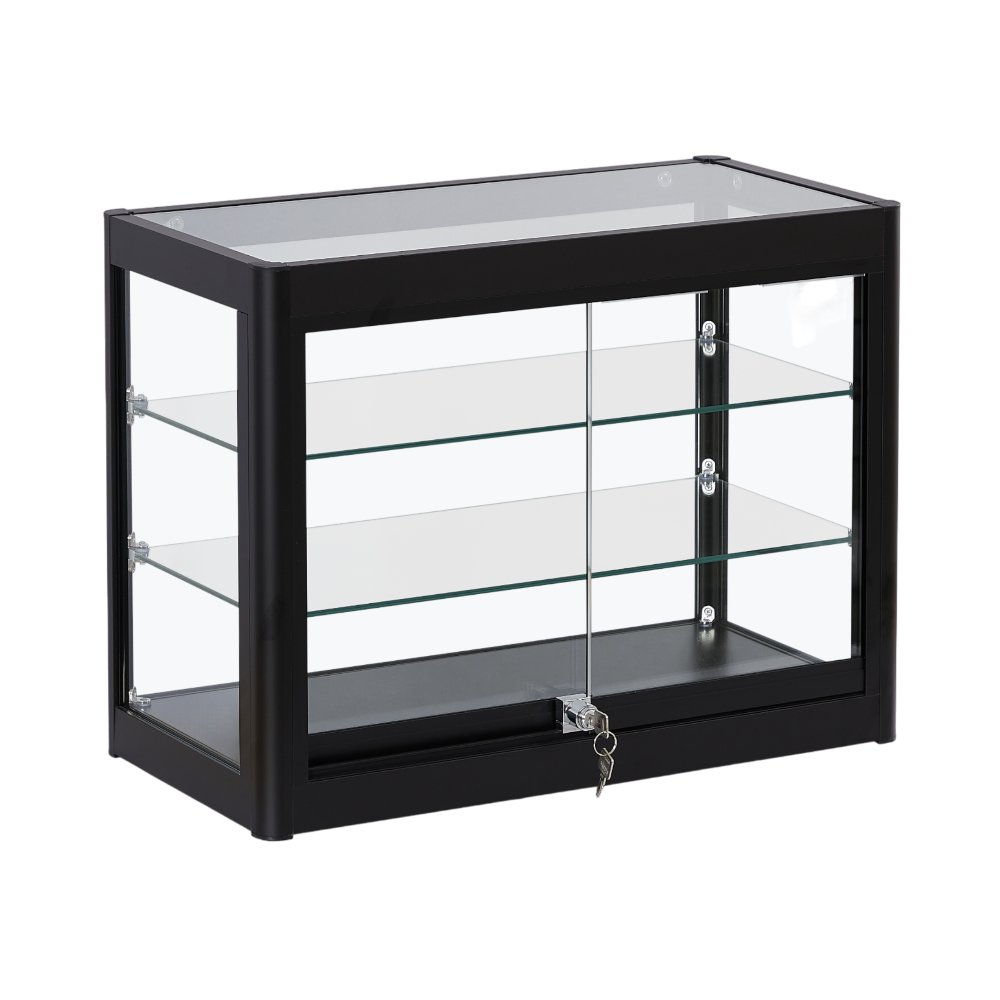 Lockable Black Aluminium Glass Counter Top Display Cabinet – 2 Shelves & Sliding Door