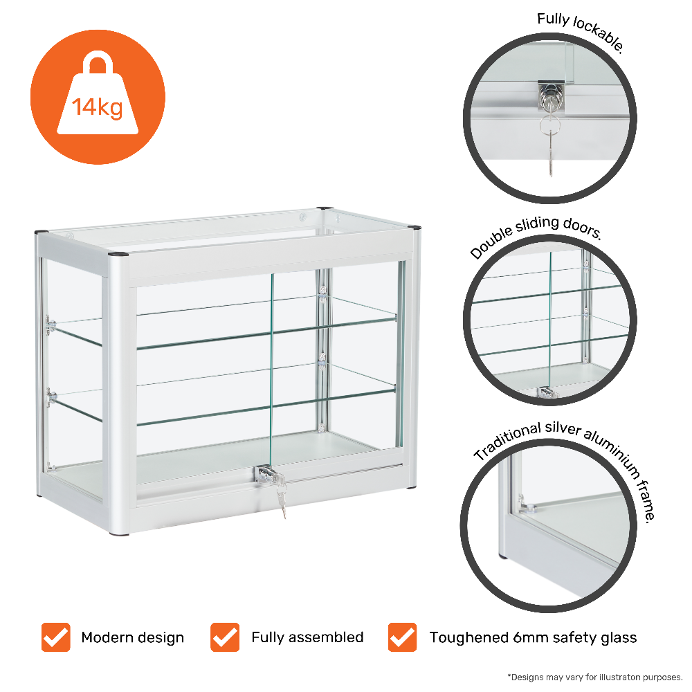 Modern glass countertop display cabinet in silver aluminium, featuring a lockable design, two sturdy shelves, and a smooth sliding door.
