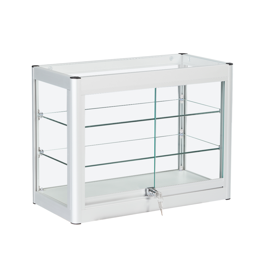 Lockable Silver Aluminium Glass Counter Top Display Cabinet – 2 Shelves & Sliding Door