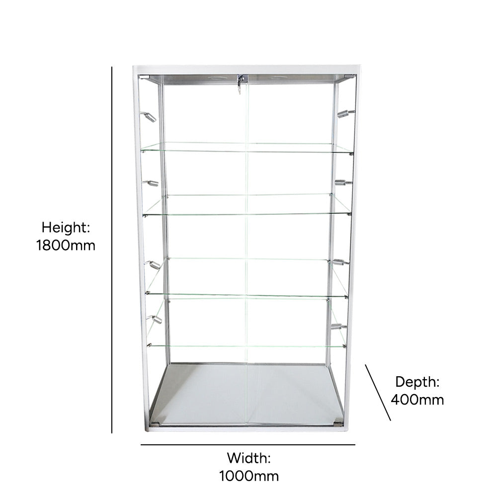 Professional lockable glass display cabinet with a sleek silver aluminium frame, ideal for retail or exhibitions, featuring adjustable shelving and LED lighting.