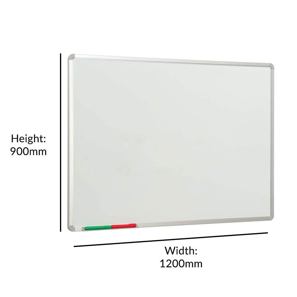 Durable anti-scratch VES steel whiteboard, 1200 x 900mm, with magnetic features and a built-in pen ledge, perfect for daily use in work or educational settings.