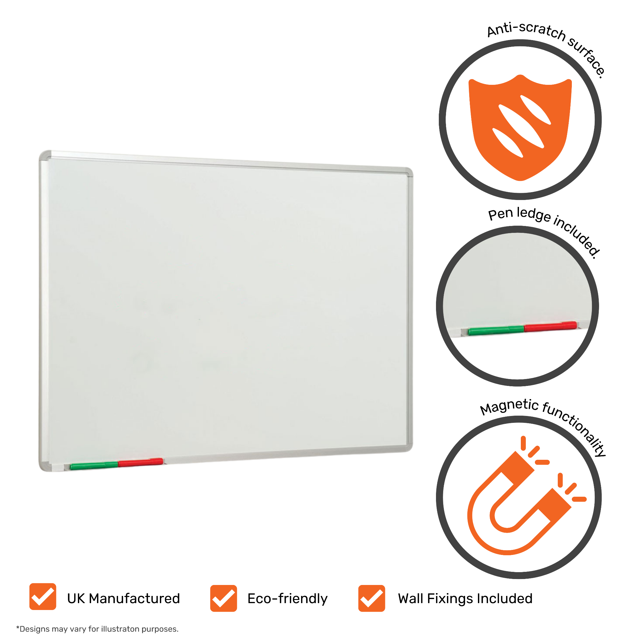 Magnetic anti-scratch VES steel whiteboard with a pen ledge, designed for a smooth and durable dry-wipe writing surface.