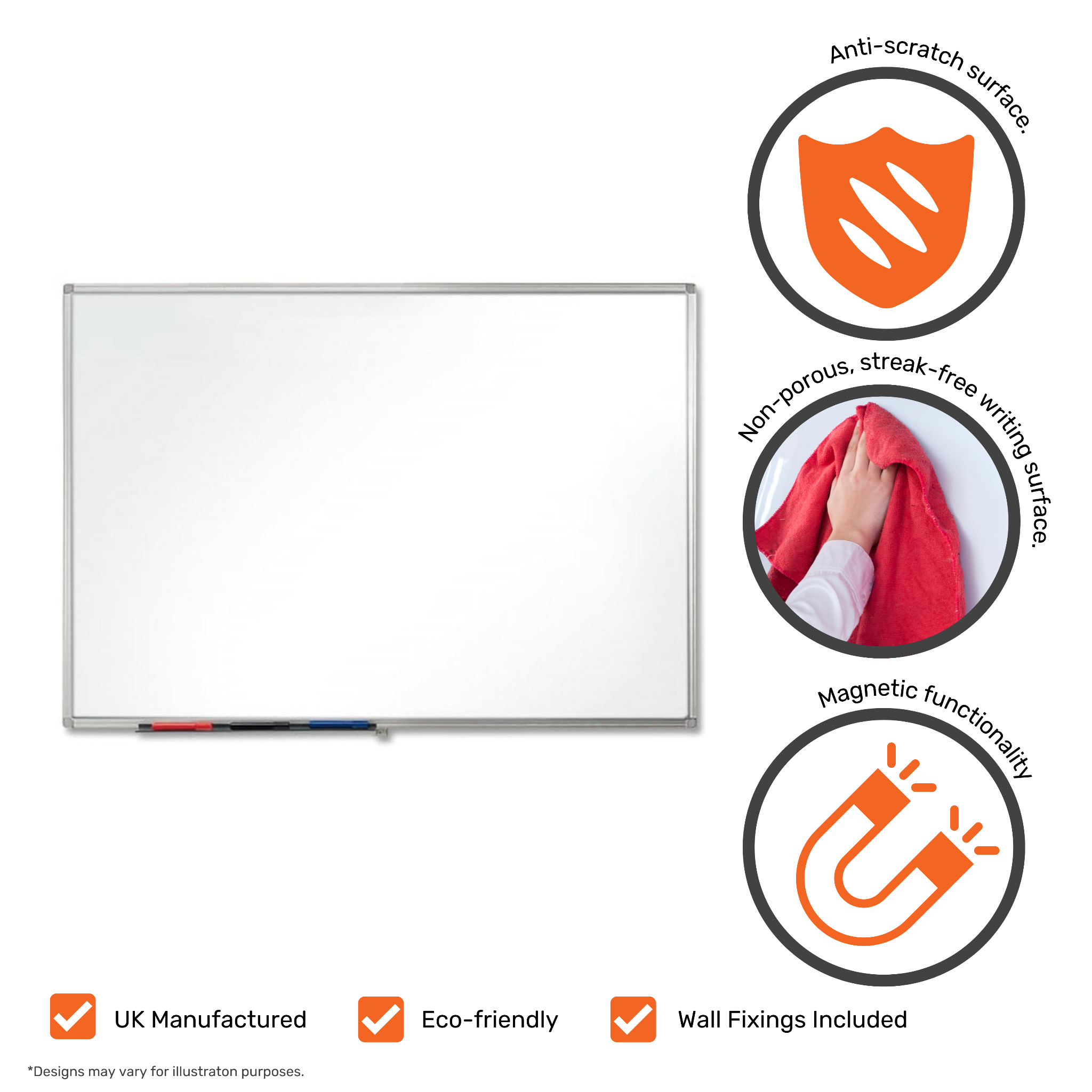 A magnetic coated steel whiteboard, offering a smooth surface for writing and magnetically securing documents.
