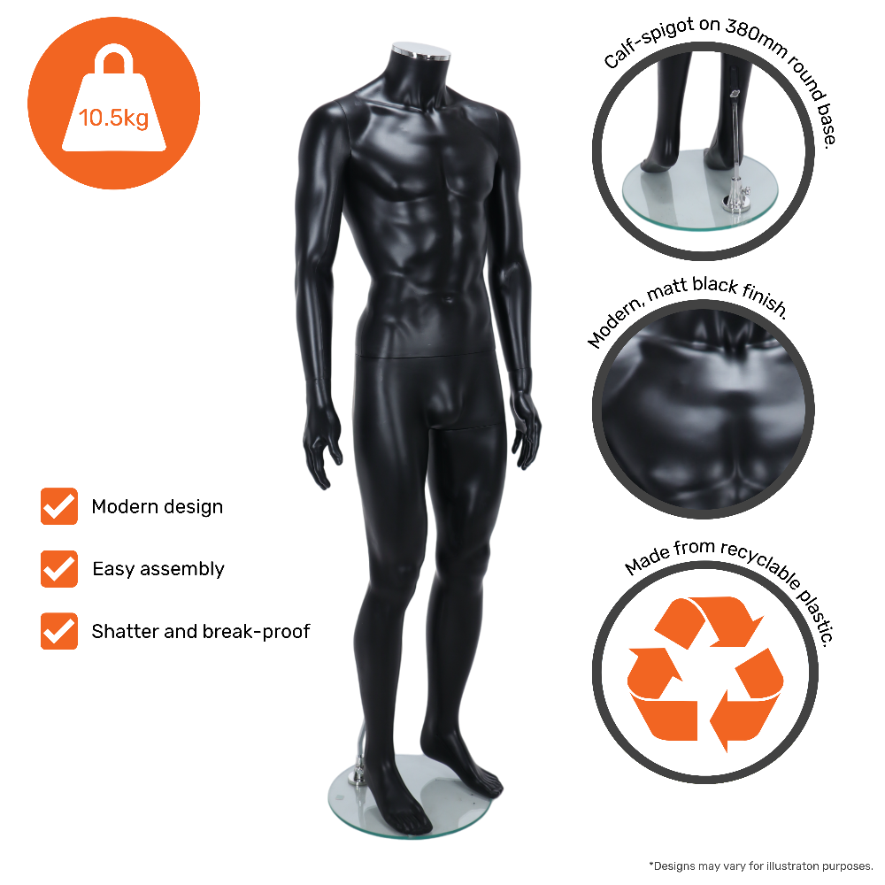 Modern standing male mannequin in matt black, headless design, ideal for shop windows and exhibitions.
