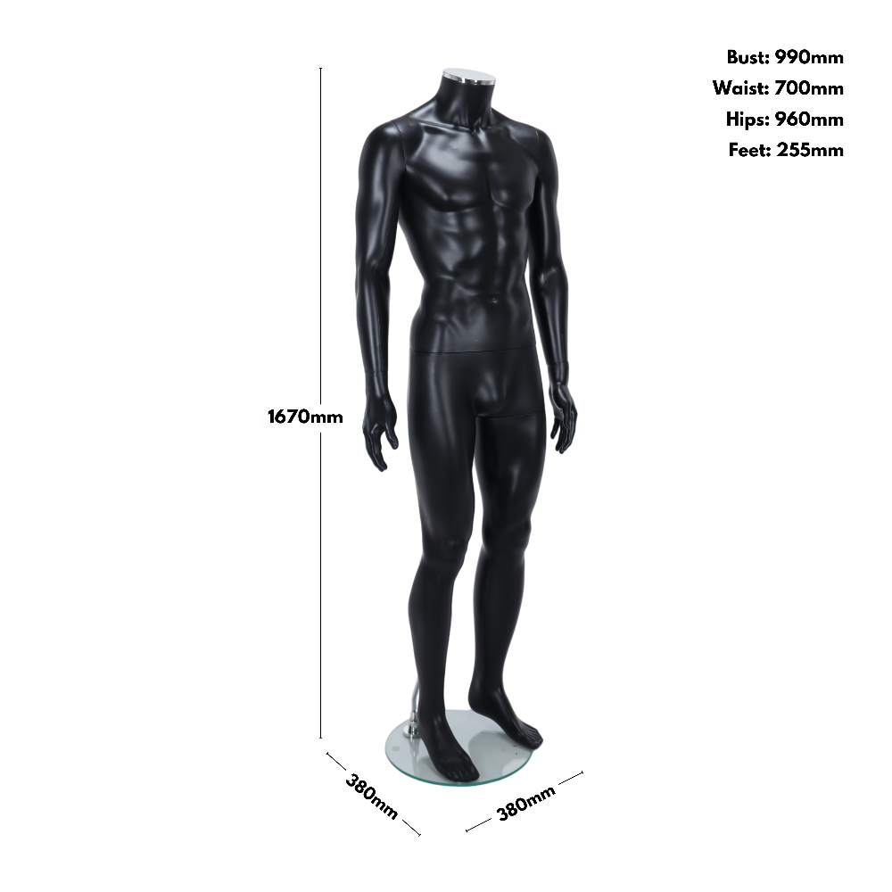 Full-body headless male mannequin in a matt black finish, great for showcasing apparel in retail and boutique settings.
