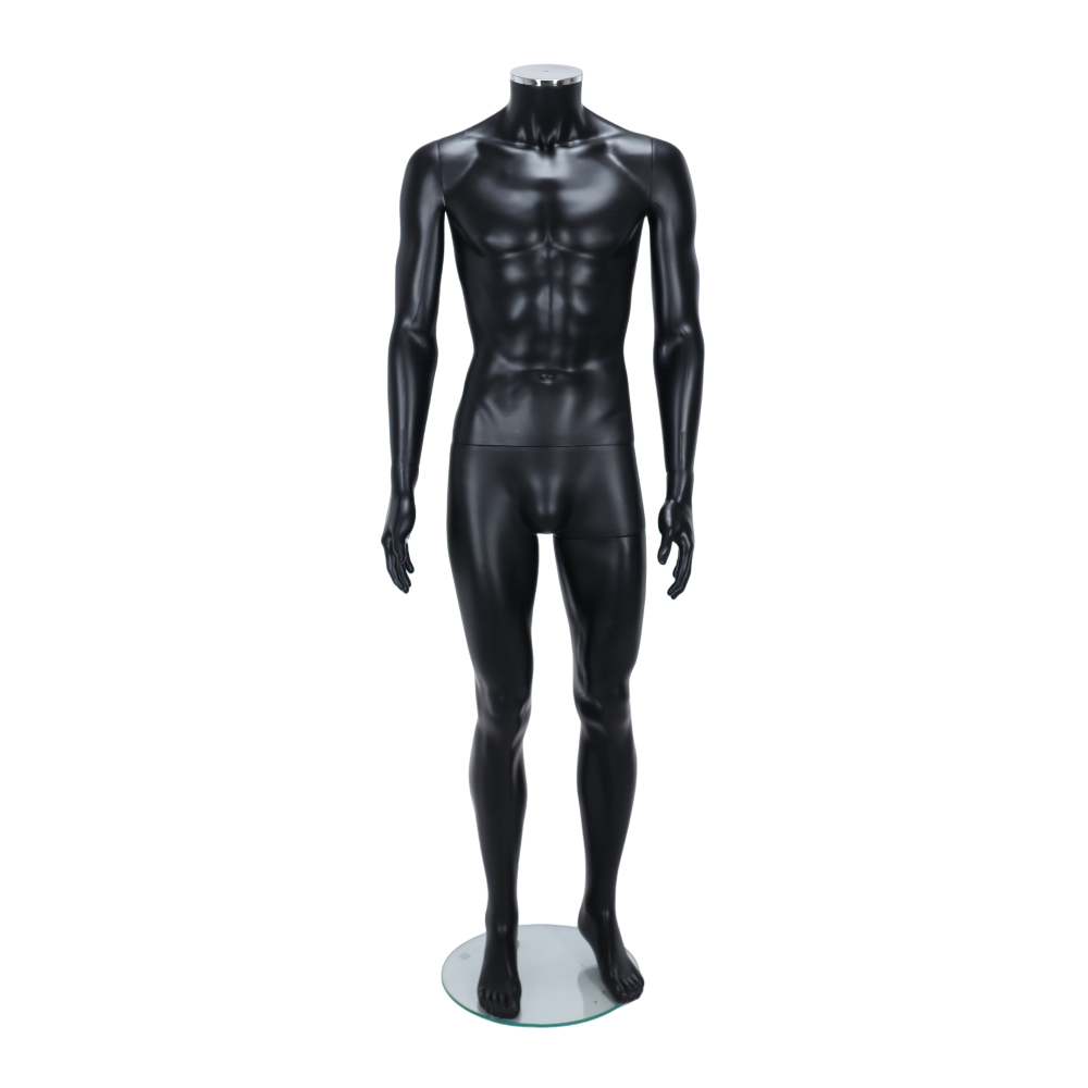 Sleek matt black male mannequin with a headless design, standing upright for professional clothing presentations.
