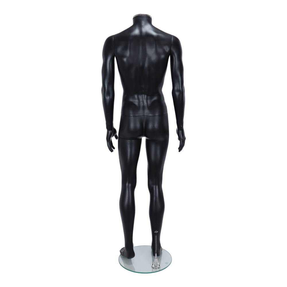 Contemporary matt black headless male mannequin, standing pose for stylish and modern visual merchandising.
