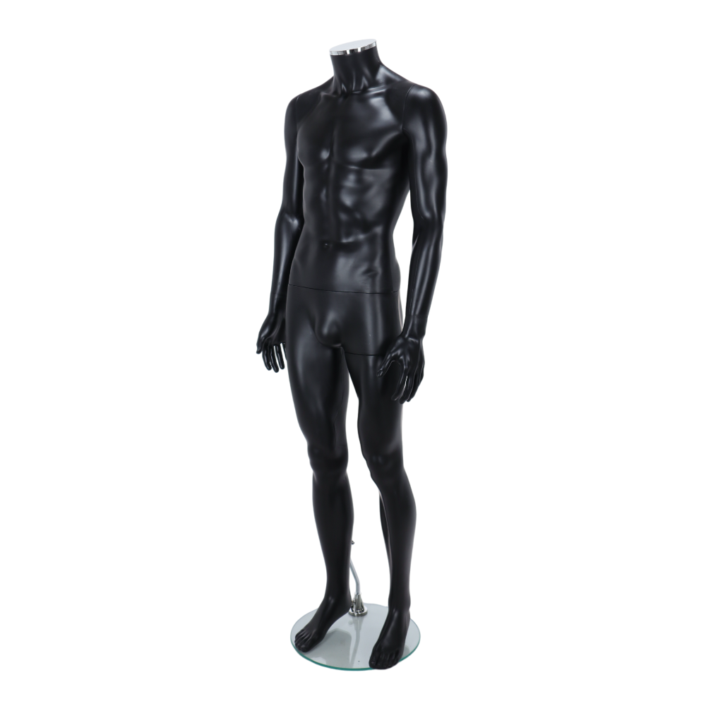 Matt black headless male mannequin in a standing pose, perfect for retail displays and fashion showcases.
