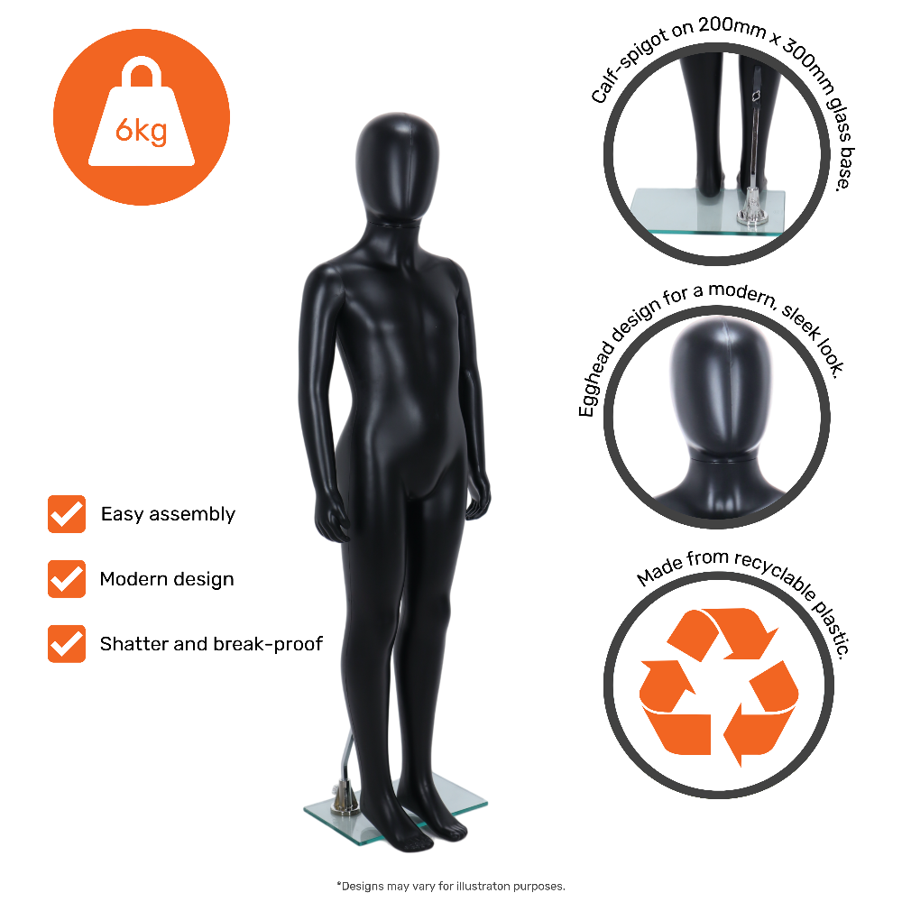 Durable unisex child mannequin in matt black, egghead style, and standing position, designed for age 7 to 8 years.
