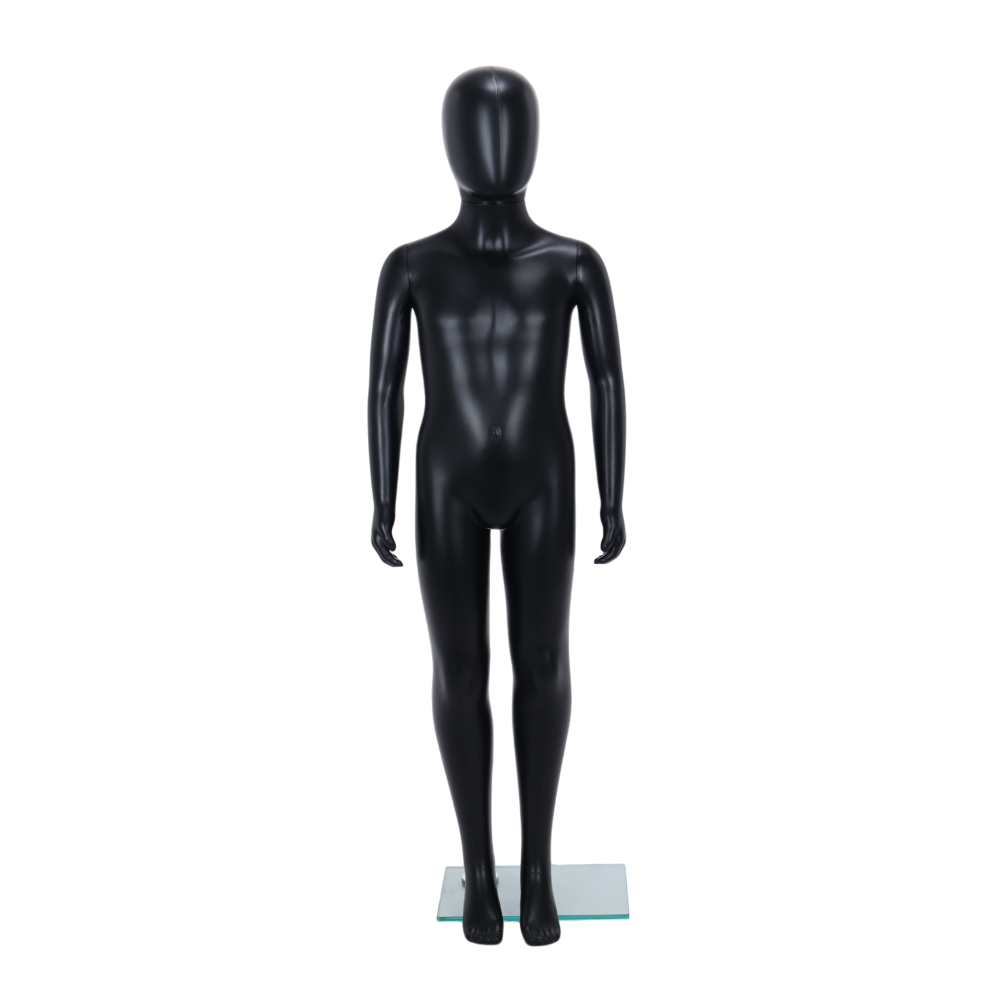 Stylish matt black child mannequin with an egghead design, standing pose, and unisex features, perfect for showcasing kids' fashion (7-8 years).
