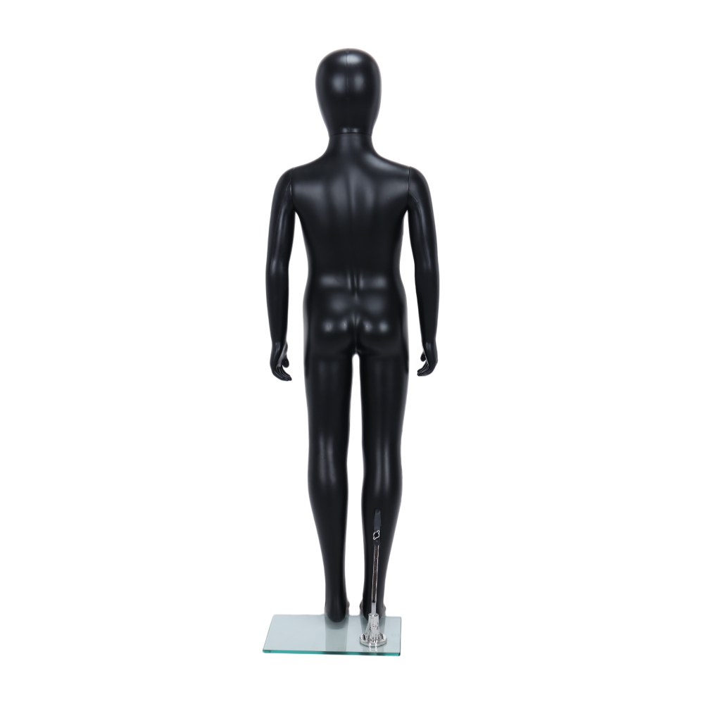 Contemporary unisex child mannequin in matt black, featuring an egghead design and standing pose, suitable for ages 7 to 8 years.
