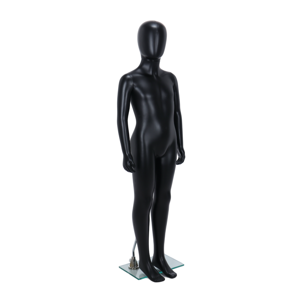 Matt black unisex child egghead mannequin in a standing pose, suitable for ages 7 to 8 years, ideal for retail displays.
