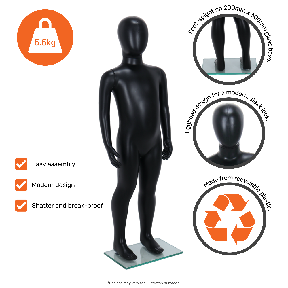 This sleek, matte black child mannequin features a smooth, egghead design and a standing pose, making it ideal for showcasing toddler fashion for ages 3 to 4.
