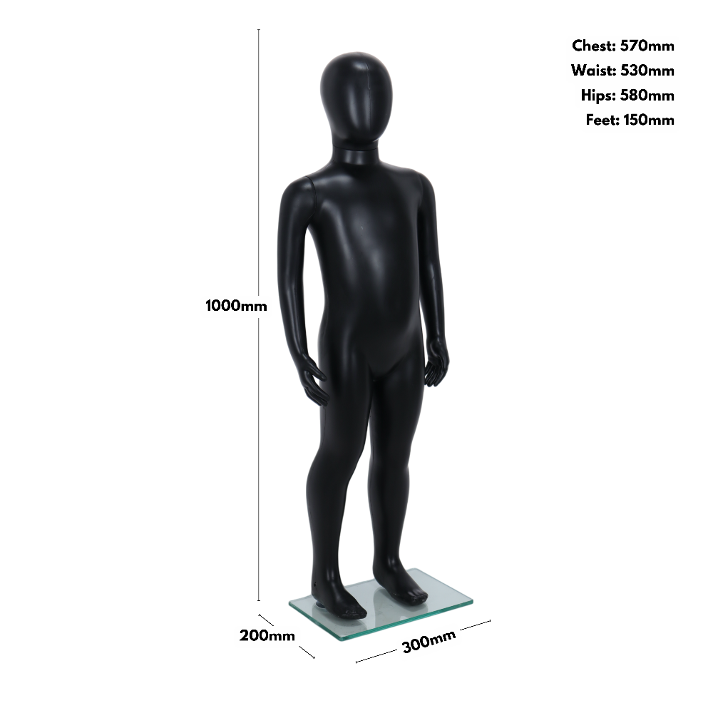 A stylish and modern unisex child mannequin in a matte black finish, designed in an egghead style with a standing posture, perfect for visual merchandising for 3 to 4-year-olds.
