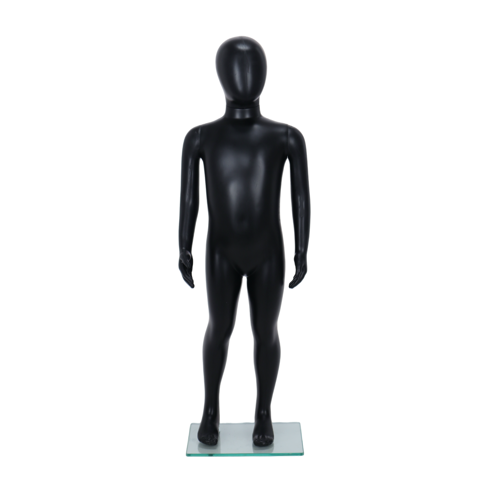 A matte black, unisex child mannequin in an egghead style, designed to stand in a natural pose, suitable for displaying clothing for children aged 3 to 4 years.
