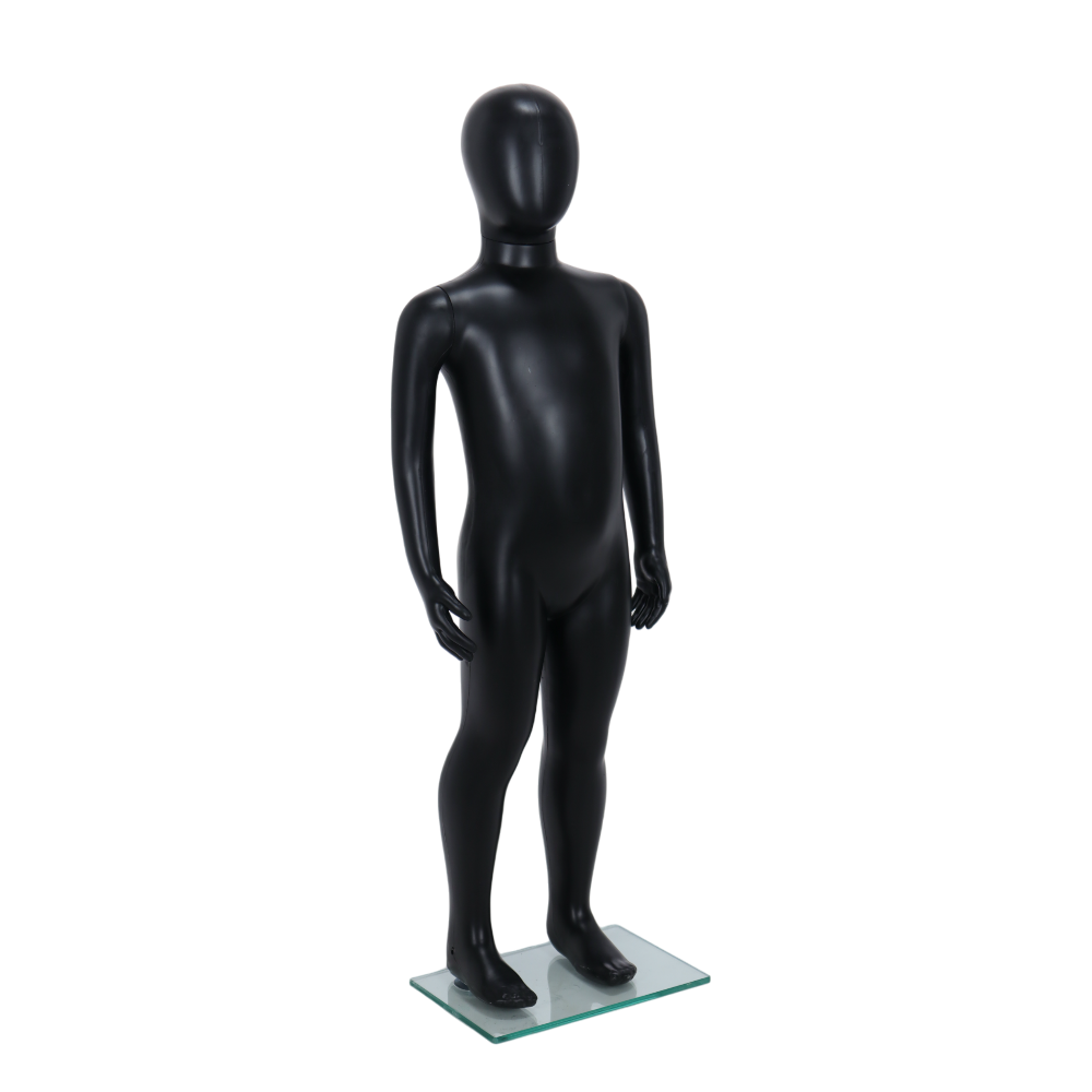 A modern and minimalist child mannequin with an egghead design, finished in matte black and posed in a standing position, suitable for clothing displays for ages 3 to 4.
