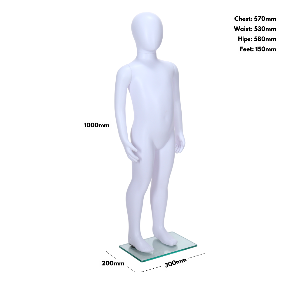 Contemporary matt white child mannequin with an egghead style, unisex standing pose, ideal for kids’ clothing displays, age 3-4 years.
