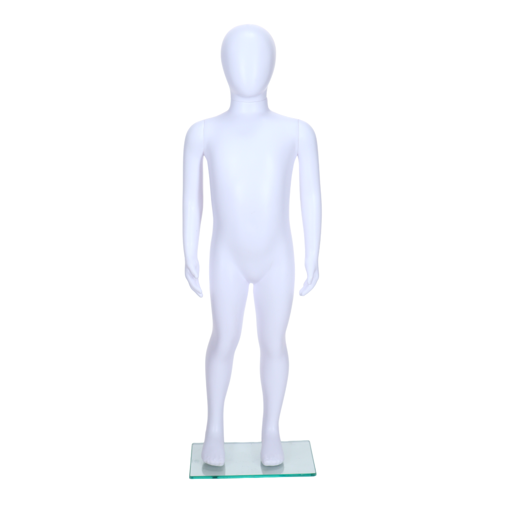 Sleek matt white child mannequin with a smooth egghead design, unisex and standing, ideal for showcasing kids' fashion for ages 3-4.
