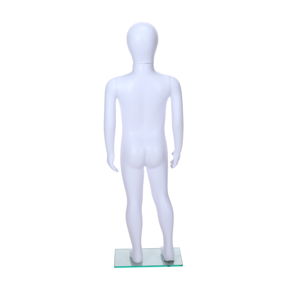 Premium matt white egghead child mannequin, unisex and standing, suitable for displaying children's clothing for ages 3-4 years.
