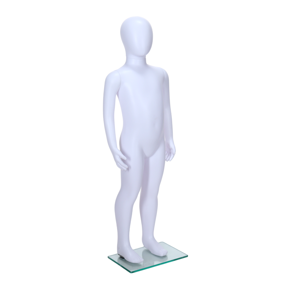 Matt white unisex child egghead mannequin in a standing pose, designed for ages 3-4 years, perfect for retail displays.
