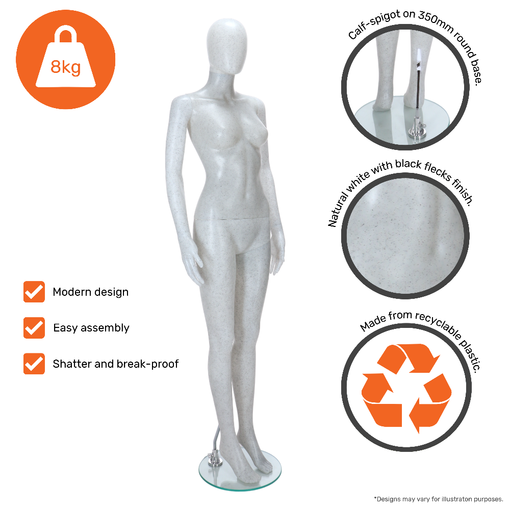 Sleek matt white female mannequin with subtle black flecks, standing upright, ideal for boutique and fashion displays.
