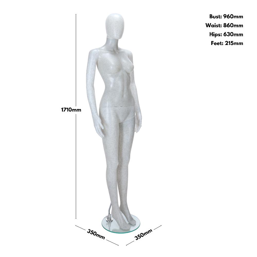 Full-body female mannequin with an egghead design, matt white finish with black flecks, standing position for retail and exhibitions.
